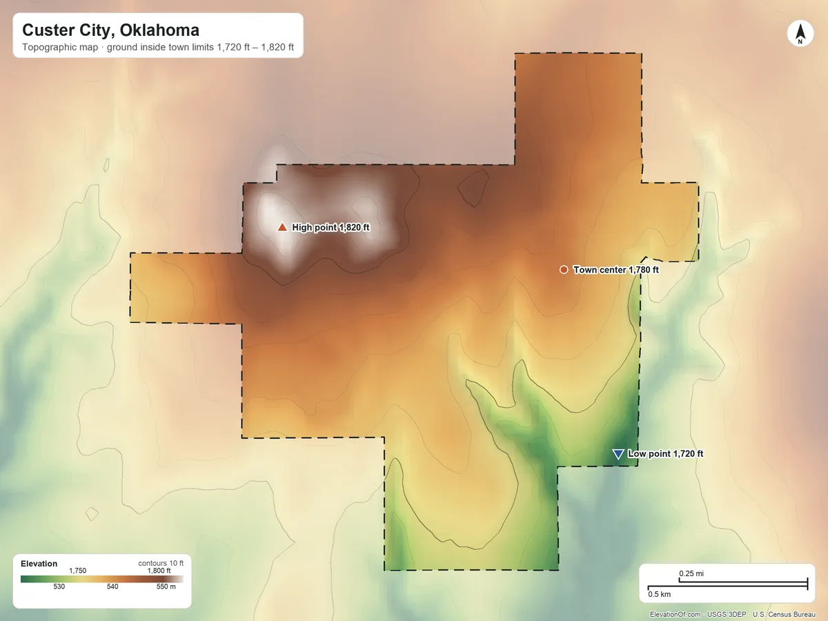 Topographic elevation map of Custer City, Oklahoma, shaded from 1,720 ft on the south side to 1,820 ft on the west side