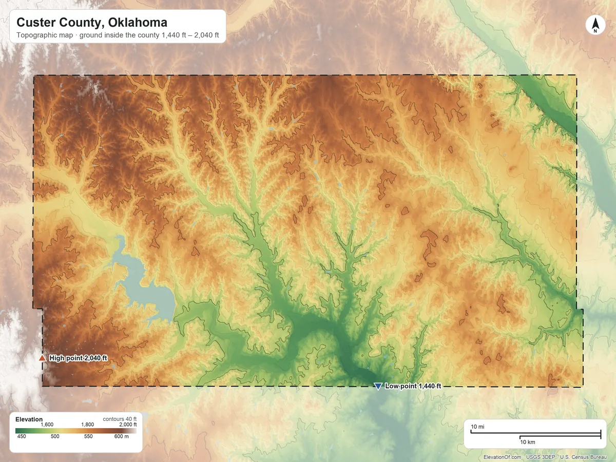 Topographic elevation map of Custer County, Oklahoma, shaded from 1,440 ft on the southeast side to 2,040 ft on the southwest side