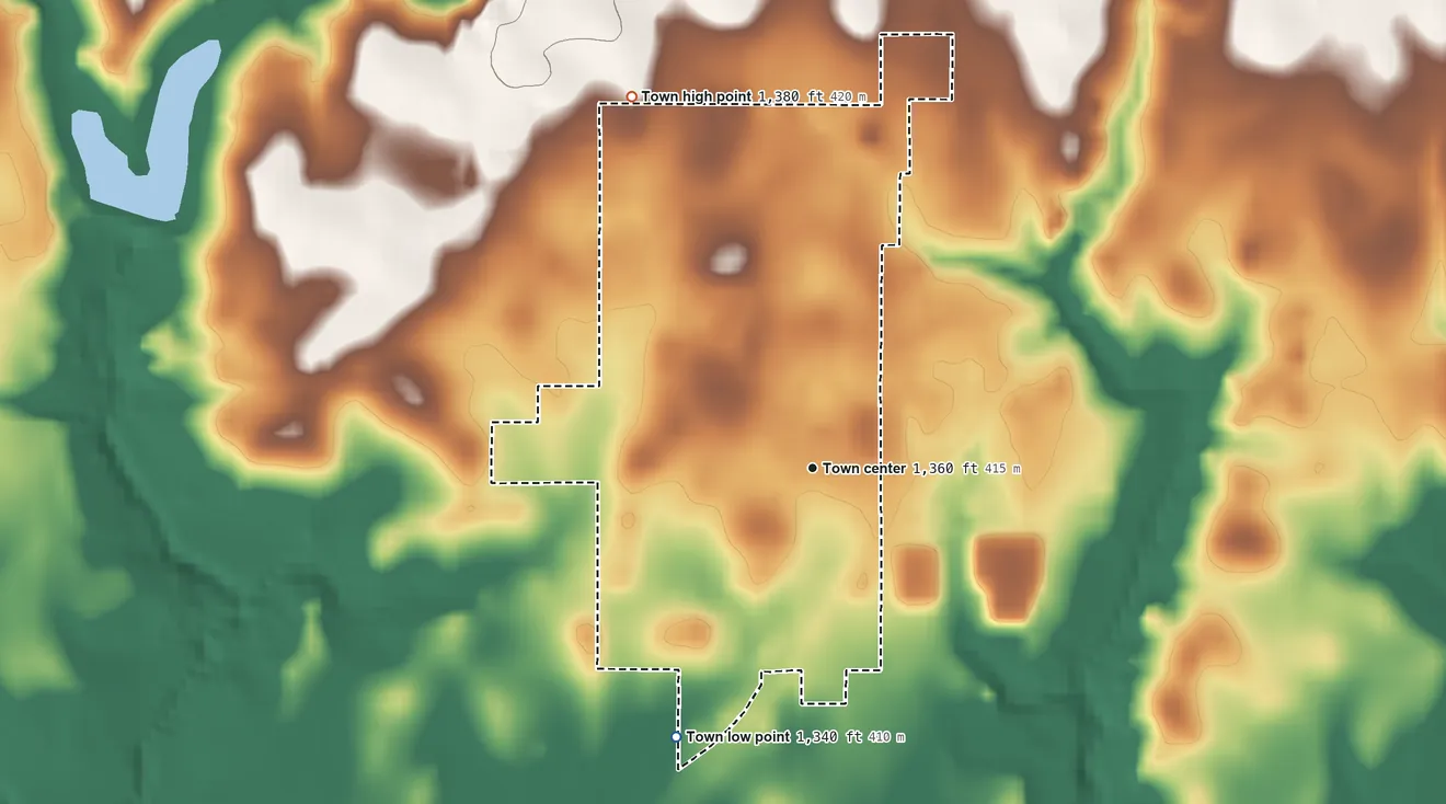 Topographic elevation map of Cyril, Oklahoma, shaded from 1,340 ft on the southwest side to 1,380 ft on the northwest side