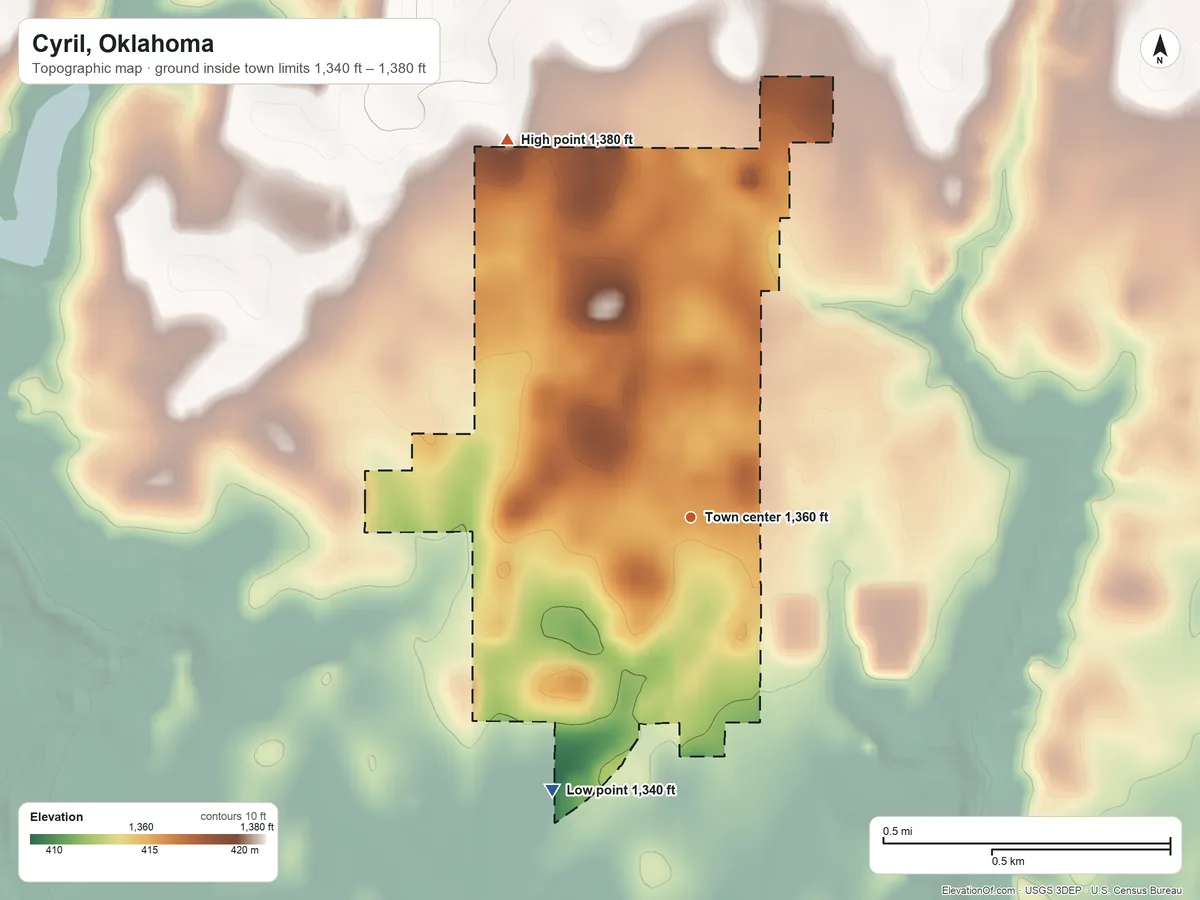 Topographic elevation map of Cyril, Oklahoma, shaded from 1,340 ft on the southwest side to 1,380 ft on the northwest side