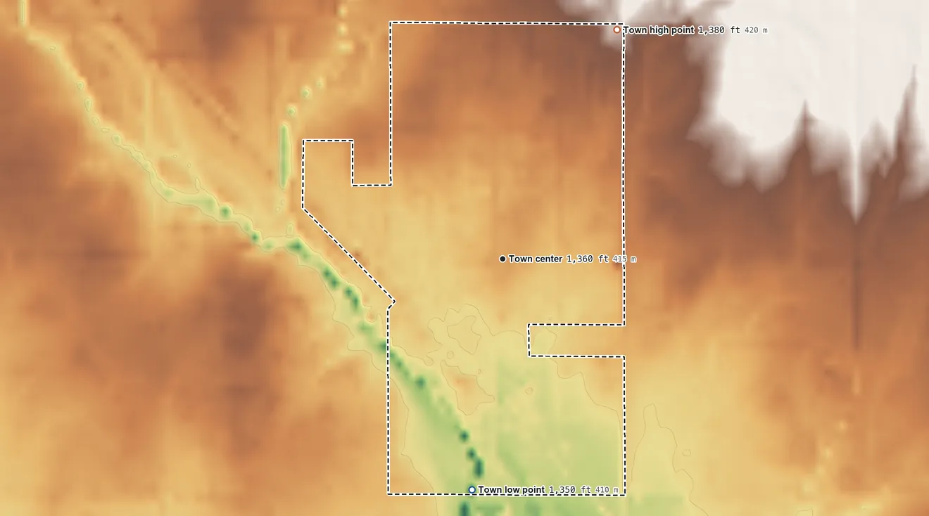 Topographic elevation map of Dacoma, Oklahoma, shaded from 1,350 ft on the south side to 1,380 ft on the northeast side