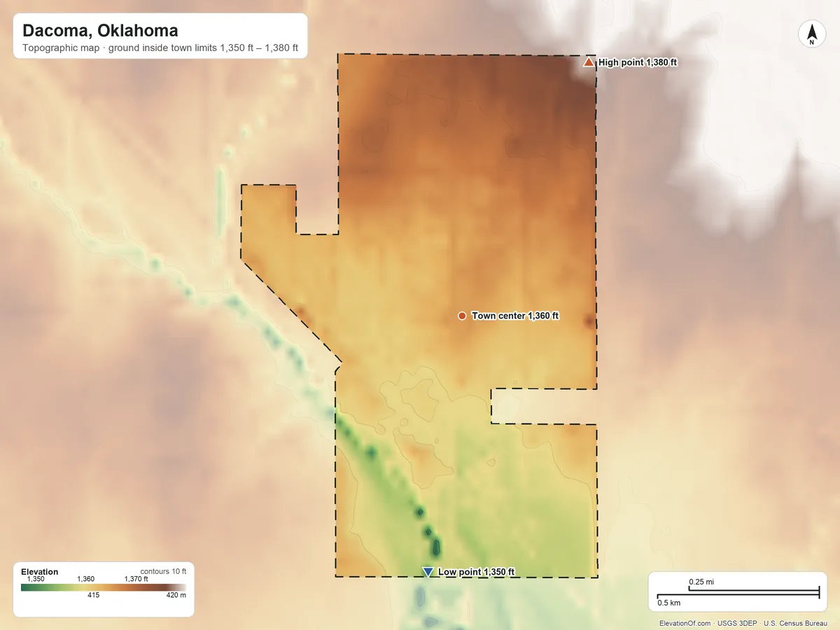 Topographic elevation map of Dacoma, Oklahoma, shaded from 1,350 ft on the south side to 1,380 ft on the northeast side
