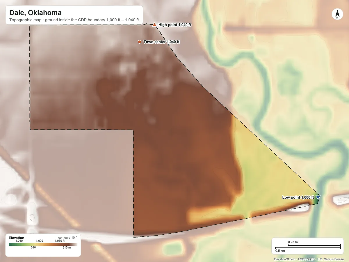 Topographic elevation map of Dale, Oklahoma, shaded from 1,000 ft on the southeast side to 1,040 ft near the middle