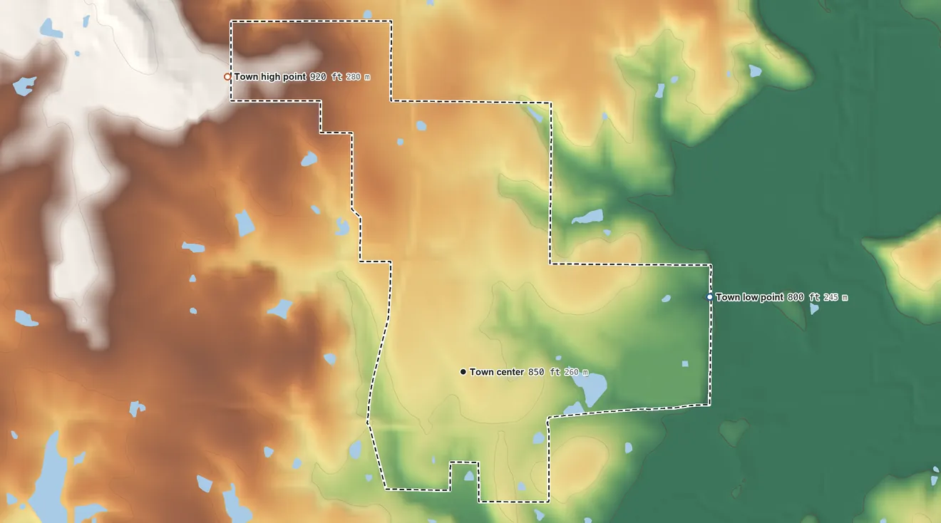 Topographic elevation map of Davenport, Oklahoma, shaded from 800 ft on the east side to 920 ft on the northwest side