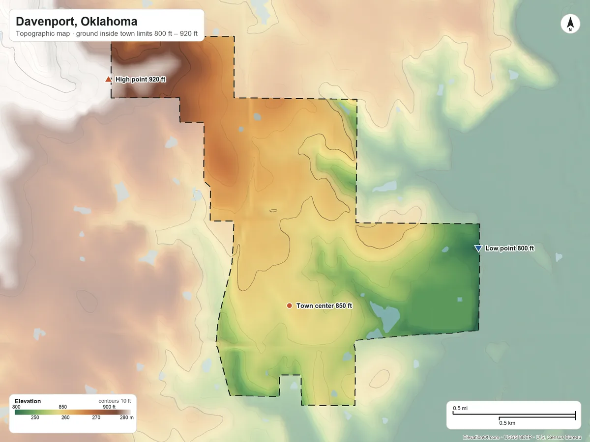 Topographic elevation map of Davenport, Oklahoma, shaded from 800 ft on the east side to 920 ft on the northwest side