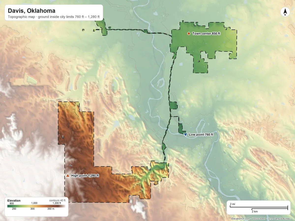 Topographic elevation map of Davis, Oklahoma, shaded from 760 ft on the south side to 1,280 ft on the southwest side