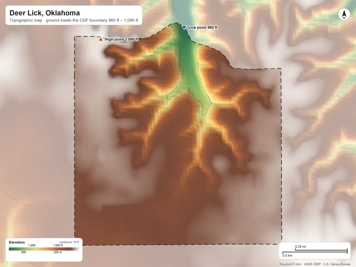 Topographic elevation map of Deer Lick, Oklahoma, shaded from 960 ft on the north side to 1,090 ft on the northwest side