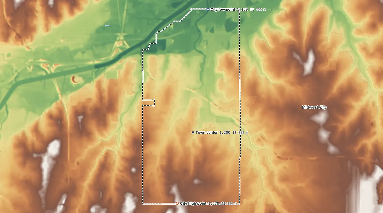 Topographic elevation map of Del City, Oklahoma, shaded from 1,150 ft on the north side to 1,270 ft on the south side