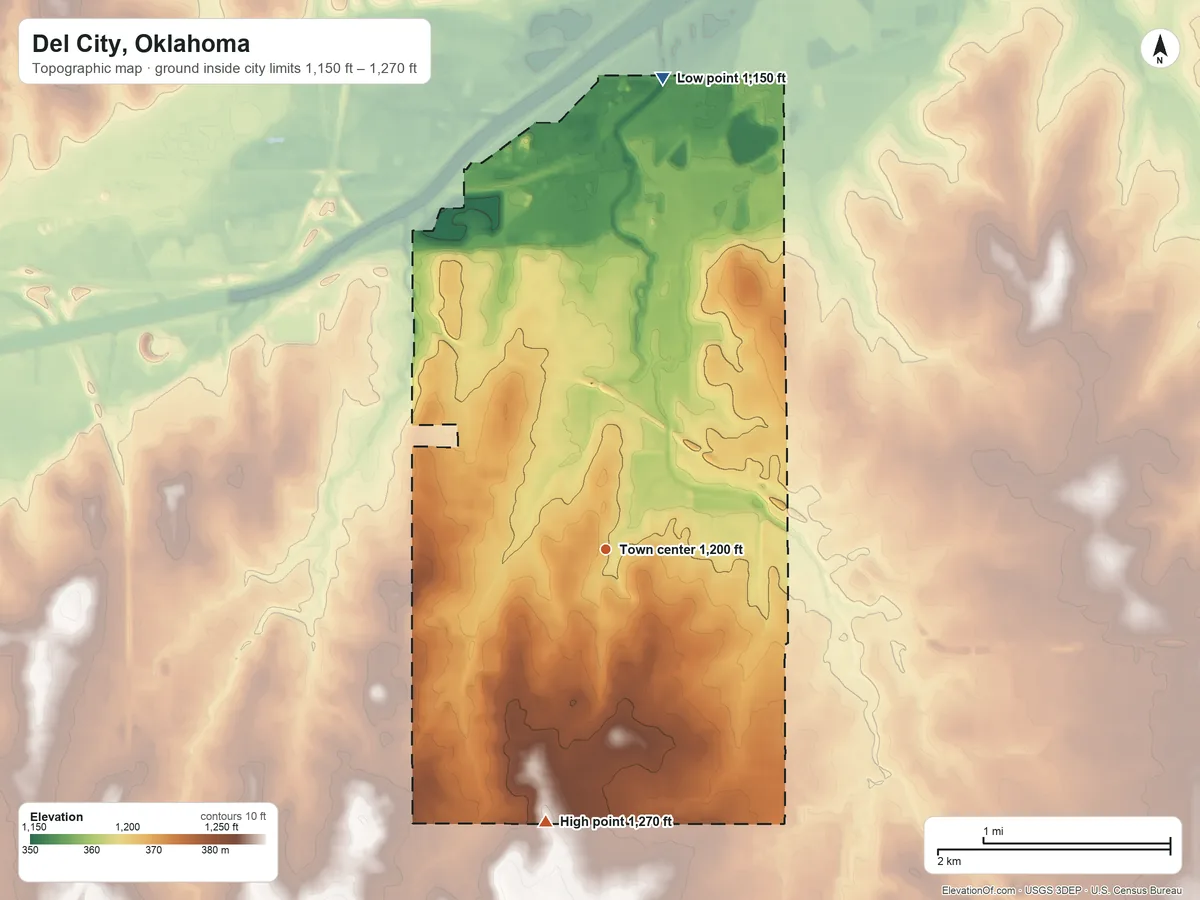 Topographic elevation map of Del City, Oklahoma, shaded from 1,150 ft on the north side to 1,270 ft on the south side