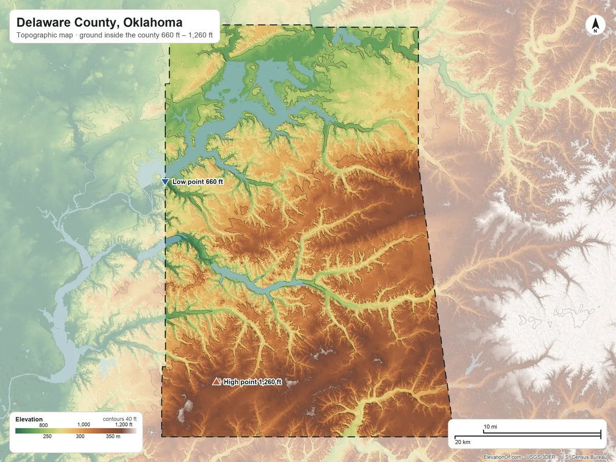 Topographic elevation map of Delaware County, Oklahoma, shaded from 660 ft on the west side to 1,260 ft on the southwest side