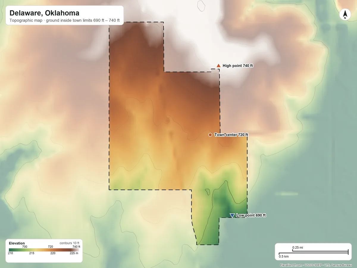 Topographic elevation map of Delaware, Oklahoma, shaded from 690 ft on the south side to 740 ft on the north side