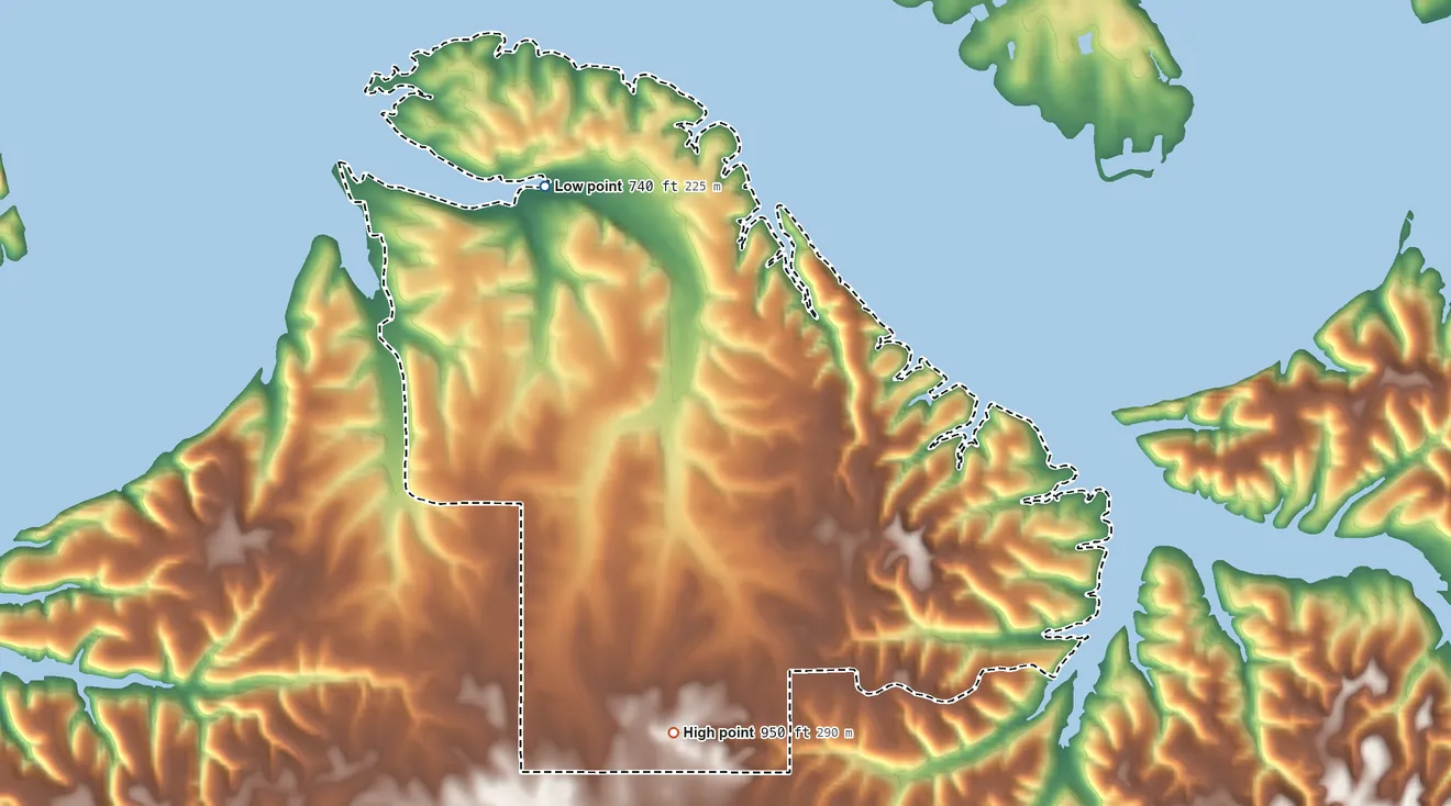 Topographic elevation map of Dennis, Oklahoma, shaded from 740 ft on the north side to 950 ft on the south side