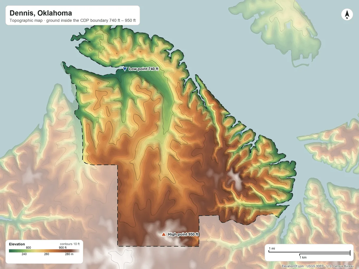 Topographic elevation map of Dennis, Oklahoma, shaded from 740 ft on the north side to 950 ft on the south side
