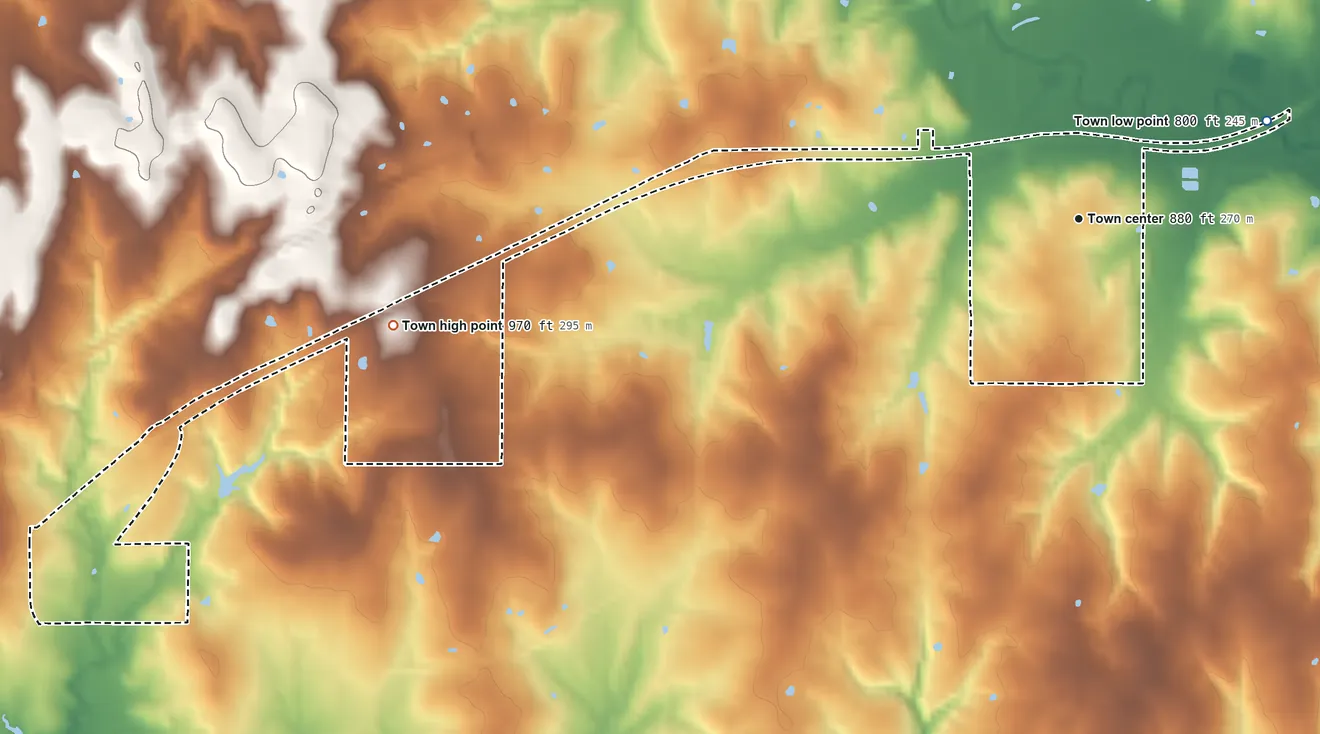 Topographic elevation map of Depew, Oklahoma, shaded from 800 ft on the northeast side to 970 ft on the west side