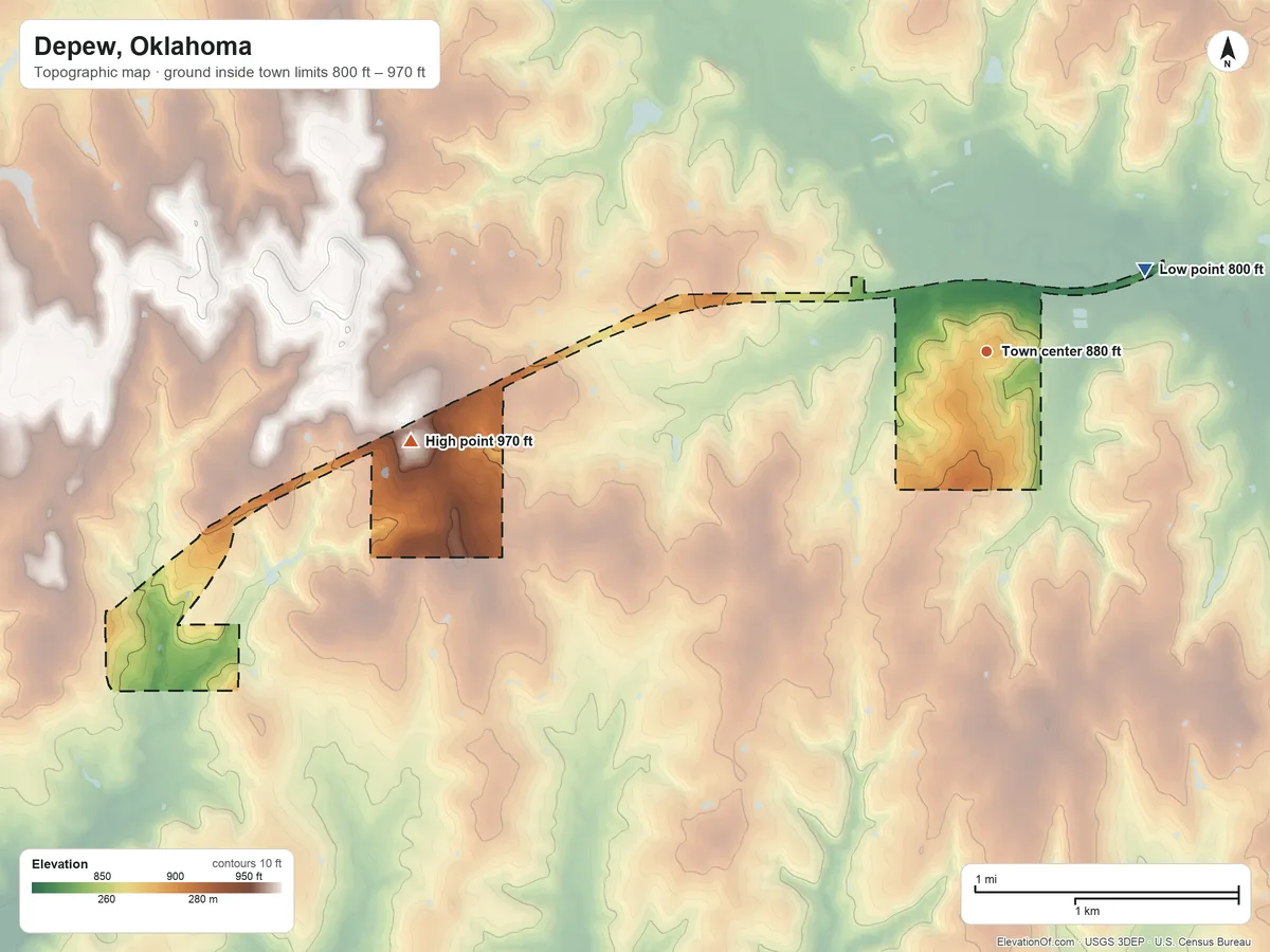 Topographic elevation map of Depew, Oklahoma, shaded from 800 ft on the northeast side to 970 ft on the west side
