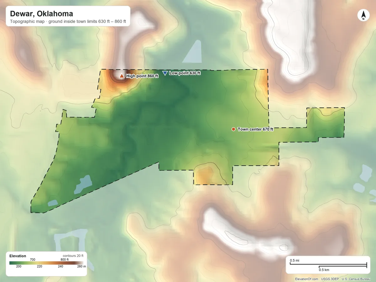 Topographic elevation map of Dewar, Oklahoma, shaded from 630 ft on the northwest side to 860 ft on the northwest side