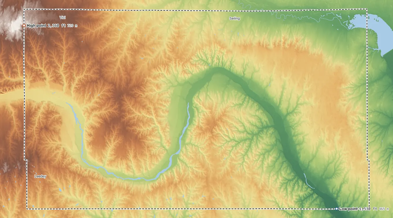Topographic elevation map of Dewey County, Oklahoma, shaded from 1,530 ft on the southeast side to 2,360 ft on the northwest side