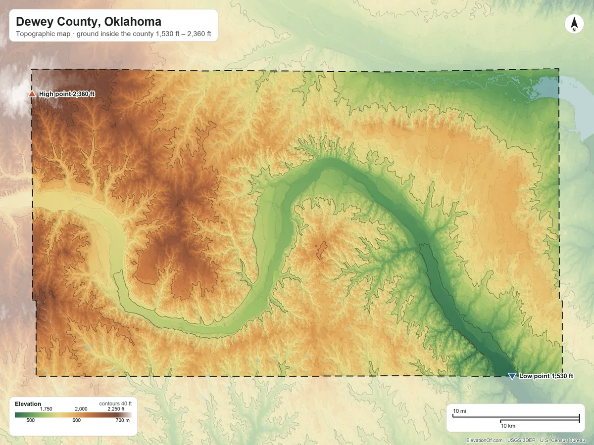 Topographic elevation map of Dewey County, Oklahoma, shaded from 1,530 ft on the southeast side to 2,360 ft on the northwest side