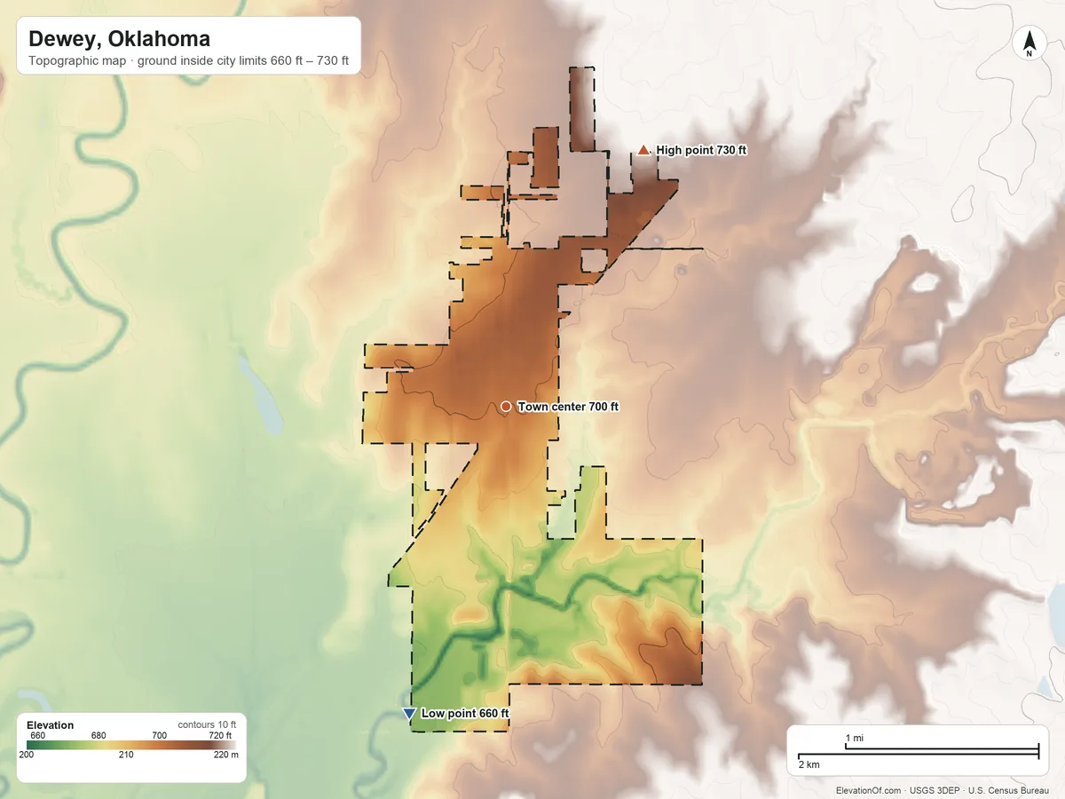 Topographic elevation map of Dewey, Oklahoma, shaded from 660 ft on the south side to 730 ft on the northeast side