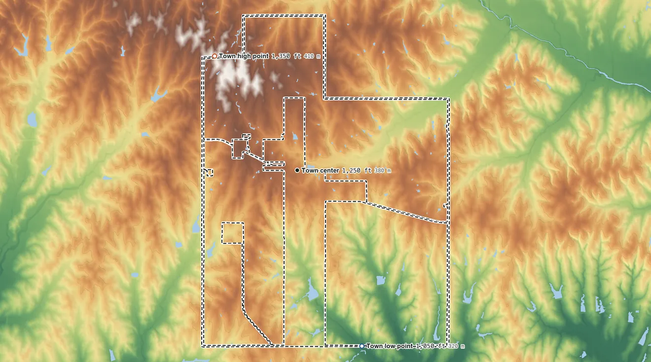 Topographic elevation map of Dibble, Oklahoma, shaded from 1,050 ft on the south side to 1,350 ft on the northwest side