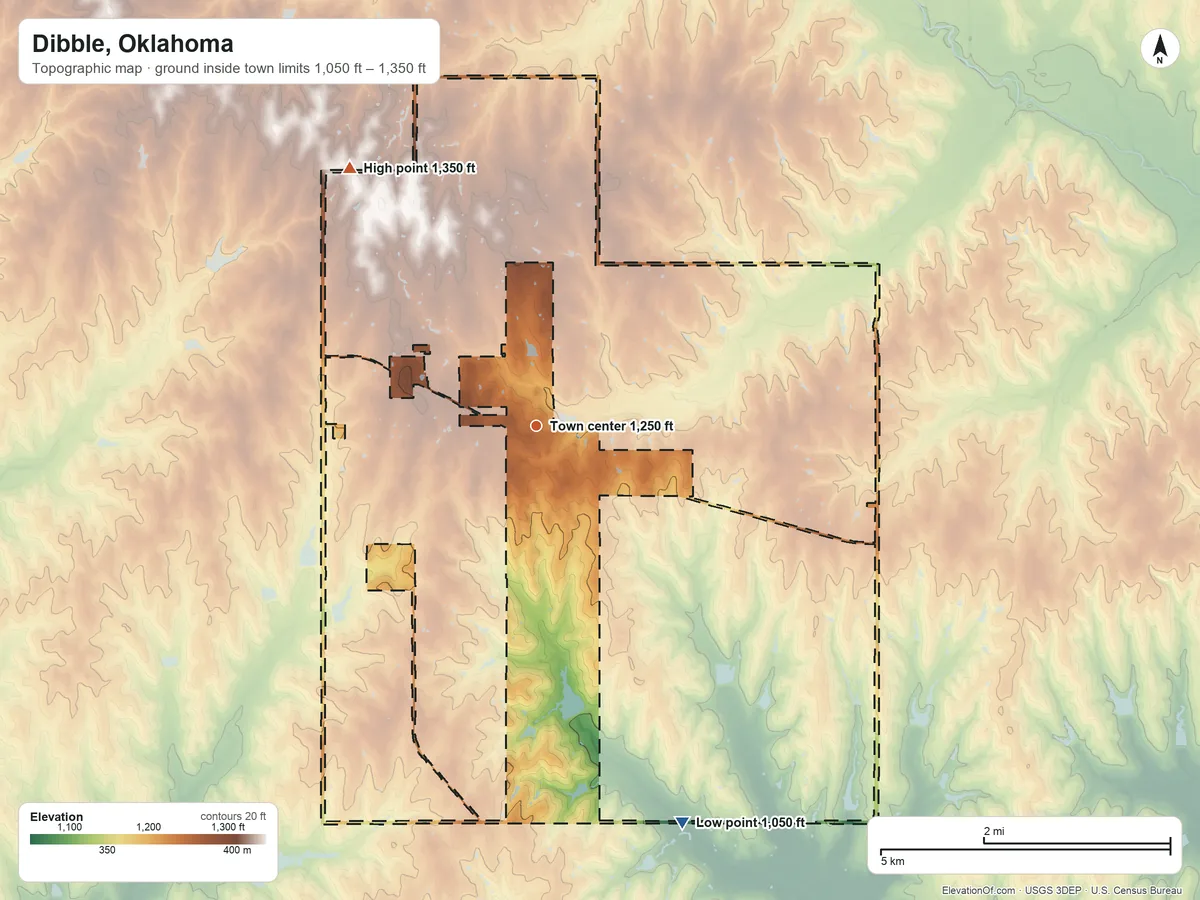 Topographic elevation map of Dibble, Oklahoma, shaded from 1,050 ft on the south side to 1,350 ft on the northwest side