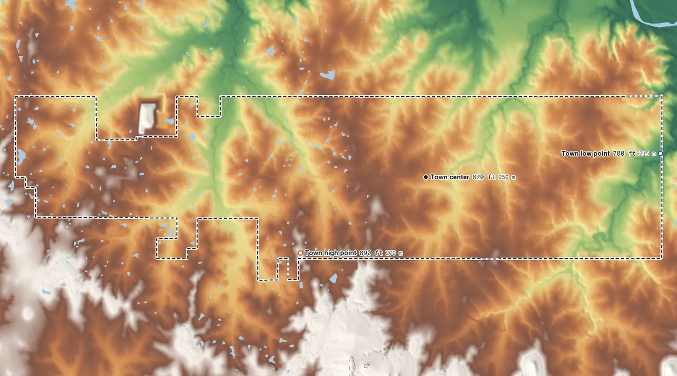 Topographic elevation map of Dickson, Oklahoma, shaded from 700 ft on the east side to 890 ft on the southwest side
