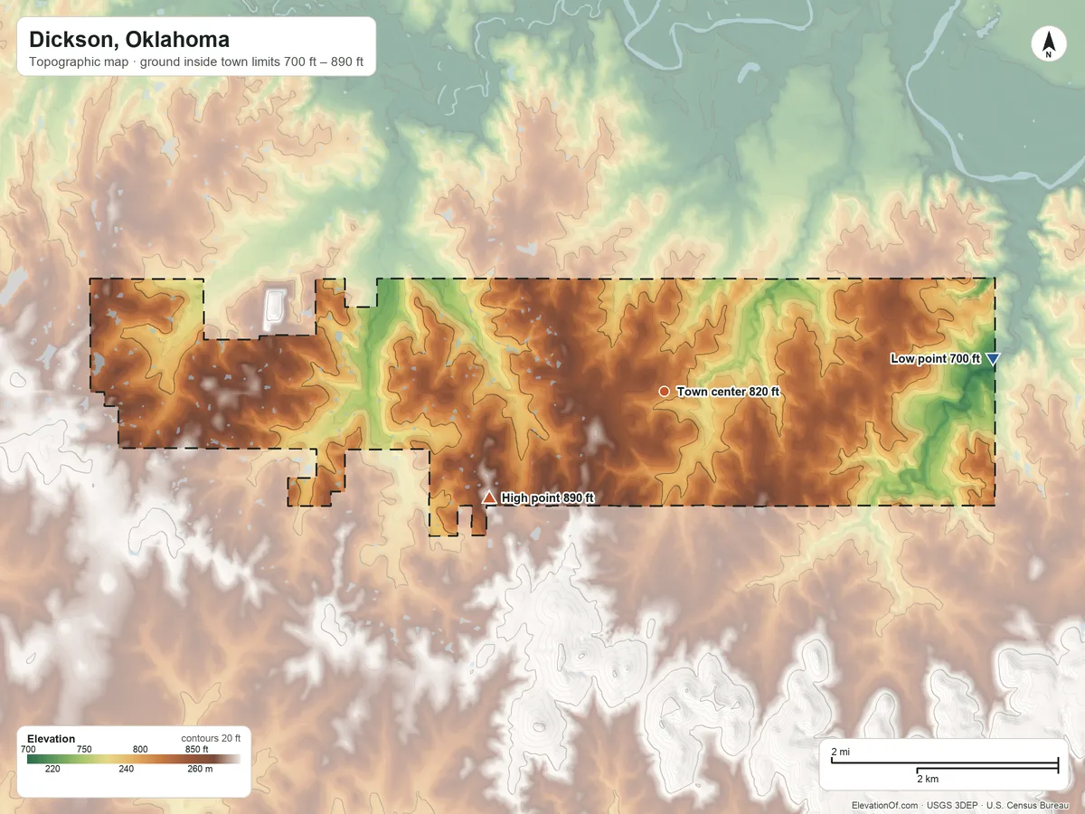 Topographic elevation map of Dickson, Oklahoma, shaded from 700 ft on the east side to 890 ft on the southwest side