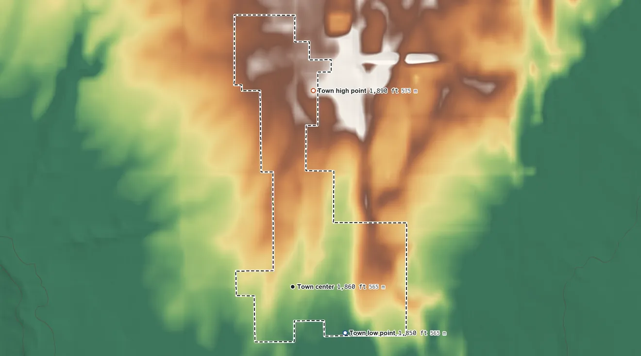 Topographic elevation map of Dill City, Oklahoma, shaded from 1,850 ft on the southeast side to 1,890 ft on the north side
