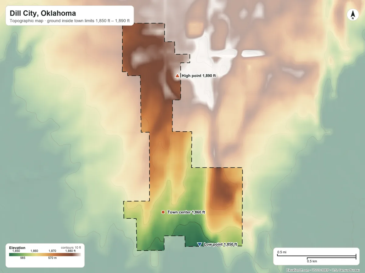 Topographic elevation map of Dill City, Oklahoma, shaded from 1,850 ft on the southeast side to 1,890 ft on the north side