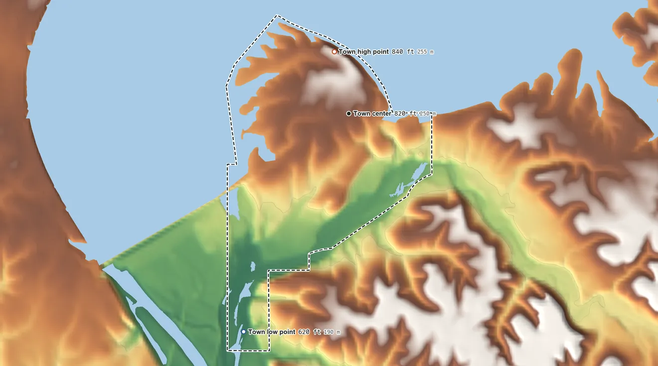 Topographic elevation map of Disney, Oklahoma, shaded from 620 ft on the southwest side to 840 ft on the north side