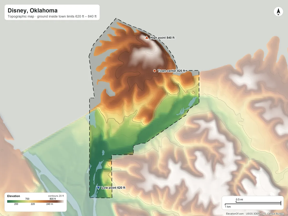 Topographic elevation map of Disney, Oklahoma, shaded from 620 ft on the southwest side to 840 ft on the north side