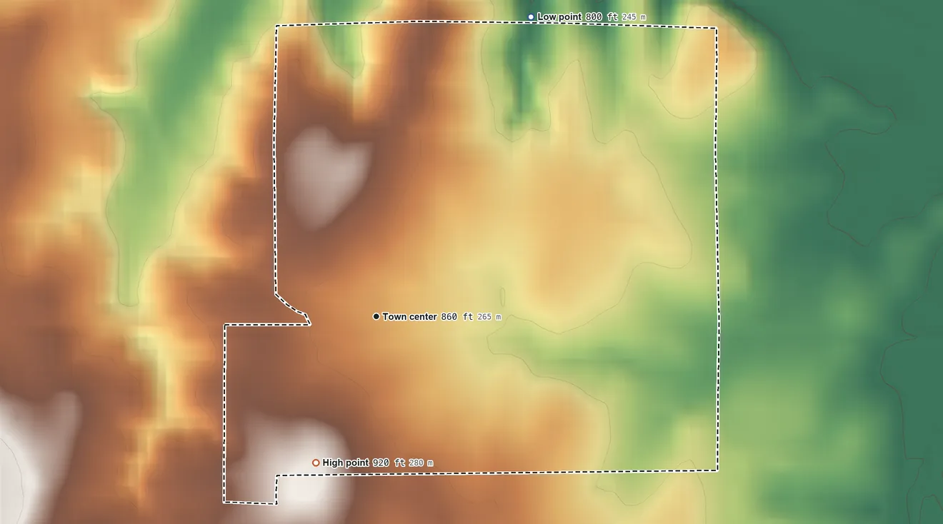 Topographic elevation map of Dixon, Oklahoma, shaded from 800 ft on the northeast side to 920 ft on the south side