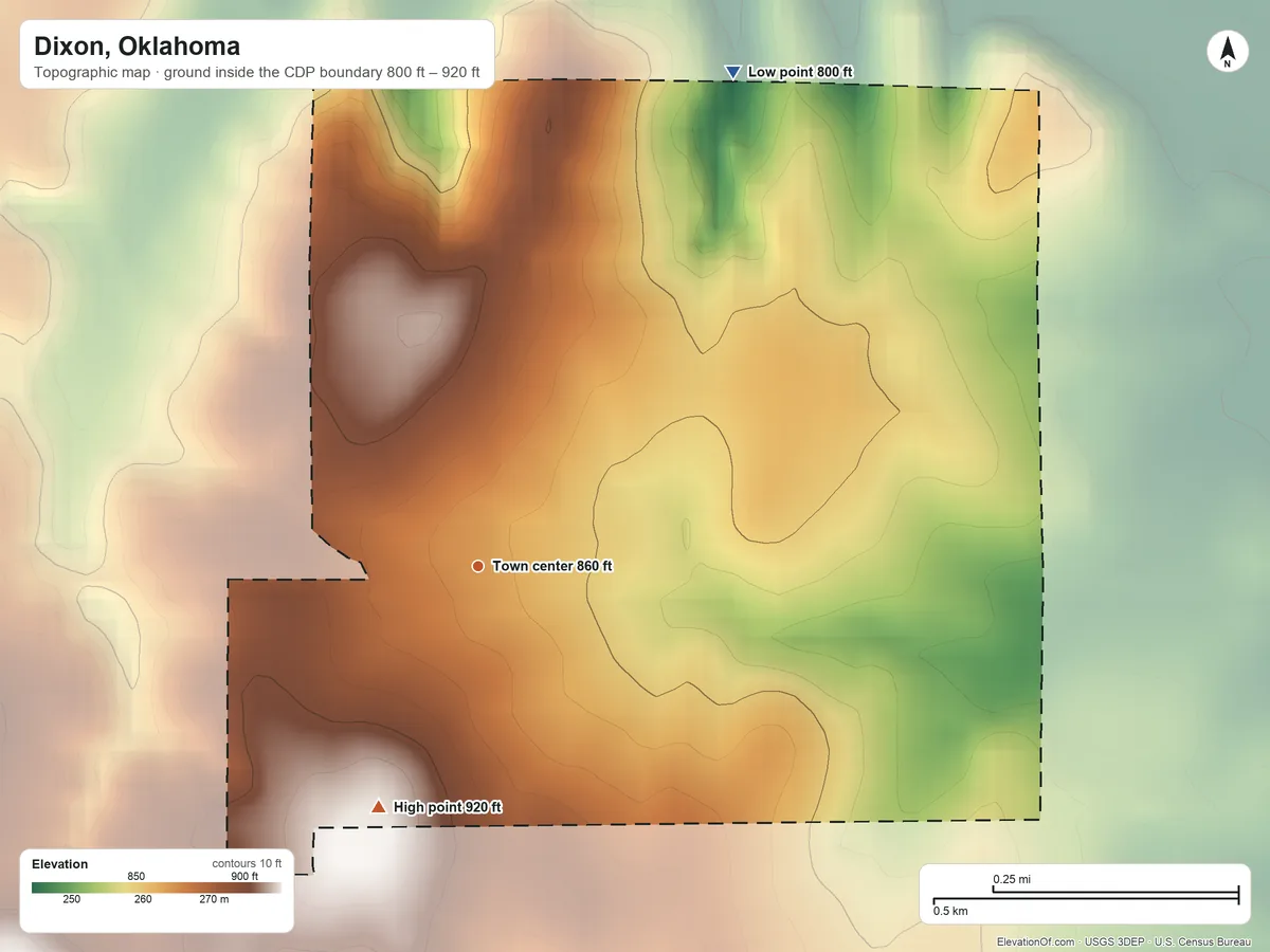 Topographic elevation map of Dixon, Oklahoma, shaded from 800 ft on the northeast side to 920 ft on the south side