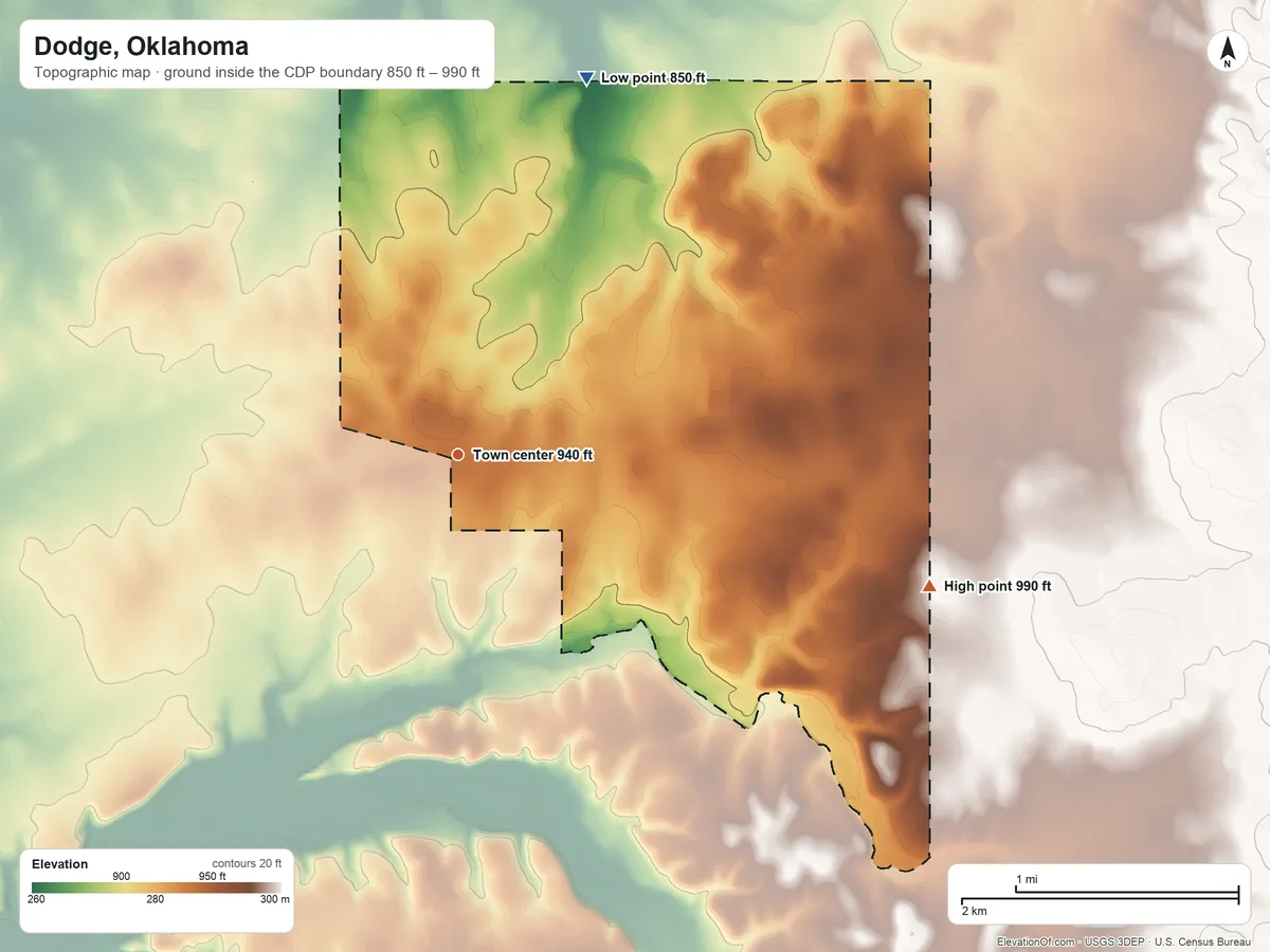 Topographic elevation map of Dodge, Oklahoma, shaded from 850 ft on the north side to 990 ft on the east side