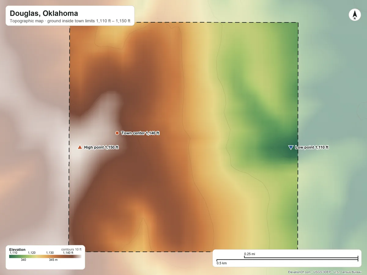 Topographic elevation map of Douglas, Oklahoma, shaded from 1,110 ft on the east side to 1,150 ft on the west side