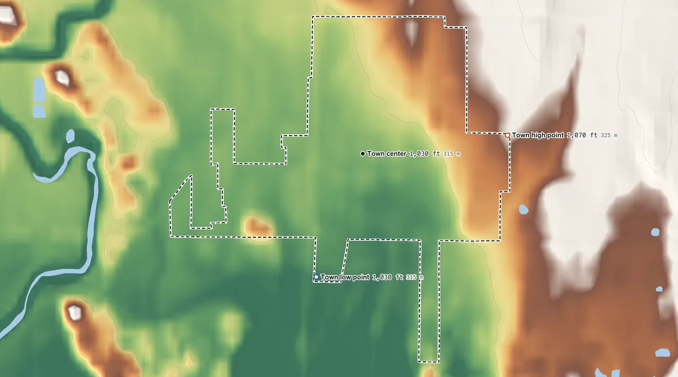 Topographic elevation map of Dover, Oklahoma, shaded from 1,030 ft on the south side to 1,070 ft on the east side