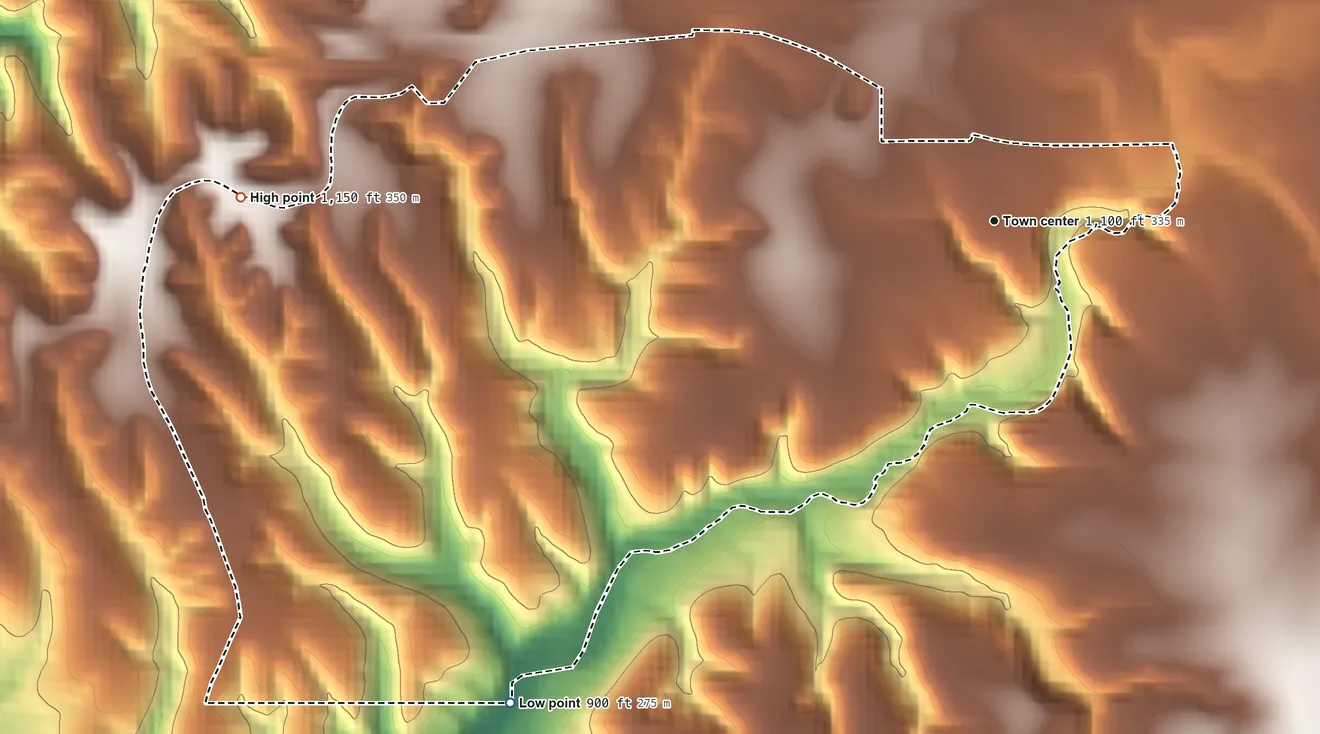 Topographic elevation map of Dripping Springs, Oklahoma, shaded from 900 ft on the southwest side to 1,150 ft on the west side