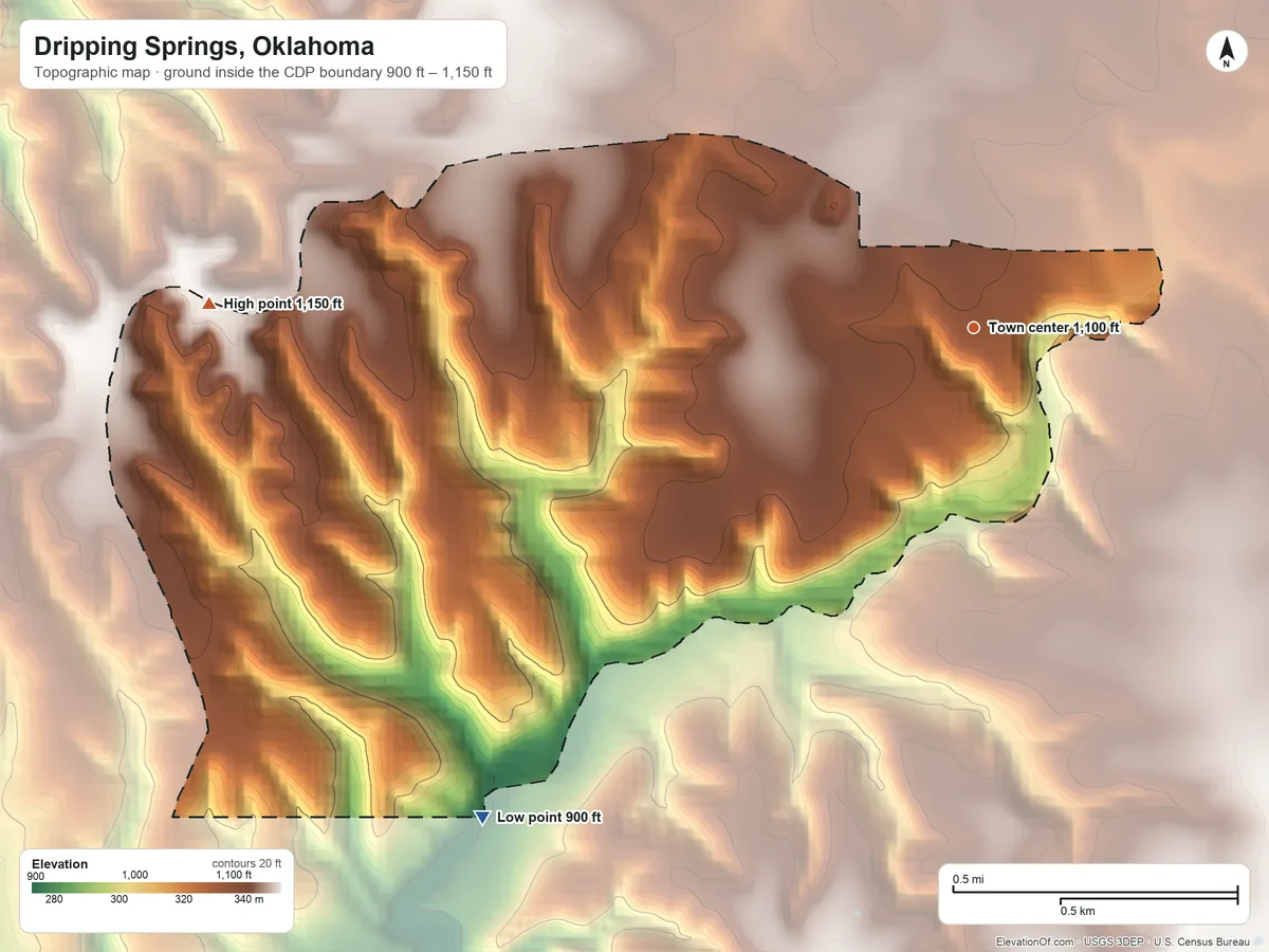 Topographic elevation map of Dripping Springs, Oklahoma, shaded from 900 ft on the southwest side to 1,150 ft on the west side