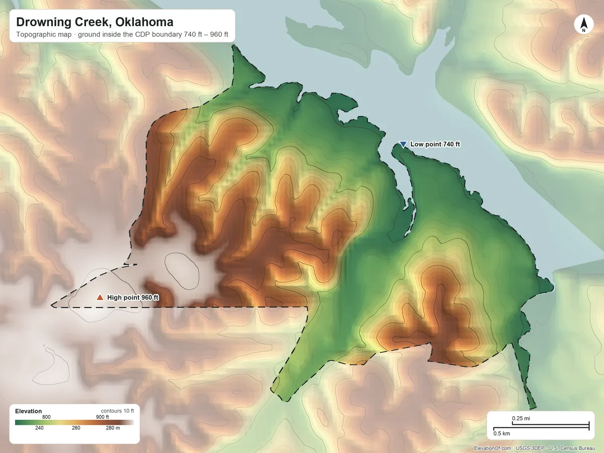 Topographic elevation map of Drowning Creek, Oklahoma, shaded from 740 ft on the northeast side to 960 ft on the west side