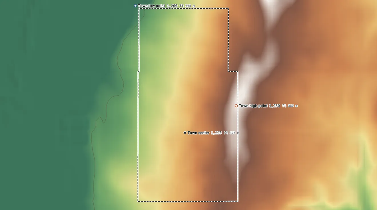 Topographic elevation map of Drummond, Oklahoma, shaded from 1,200 ft on the north side to 1,250 ft on the northeast side
