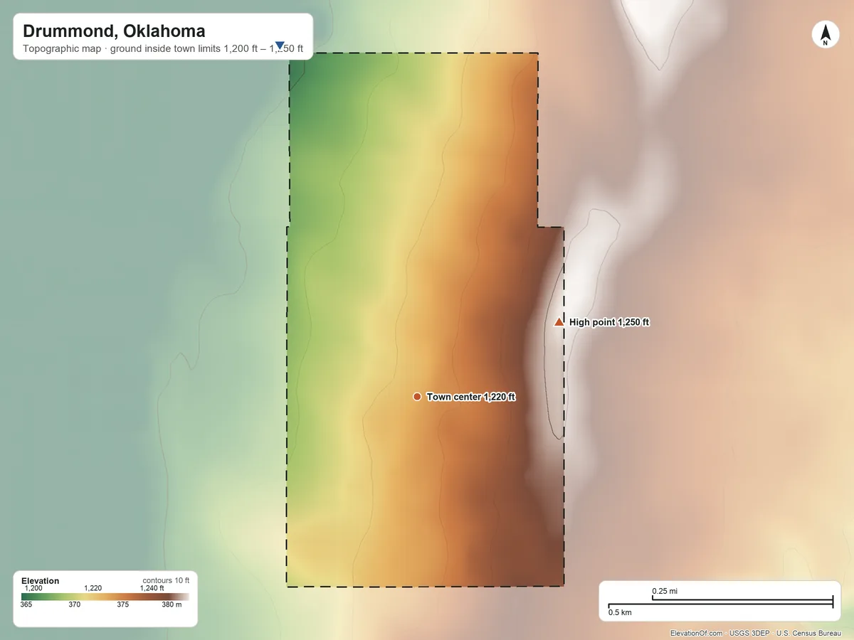 Topographic elevation map of Drummond, Oklahoma, shaded from 1,200 ft on the north side to 1,250 ft on the northeast side