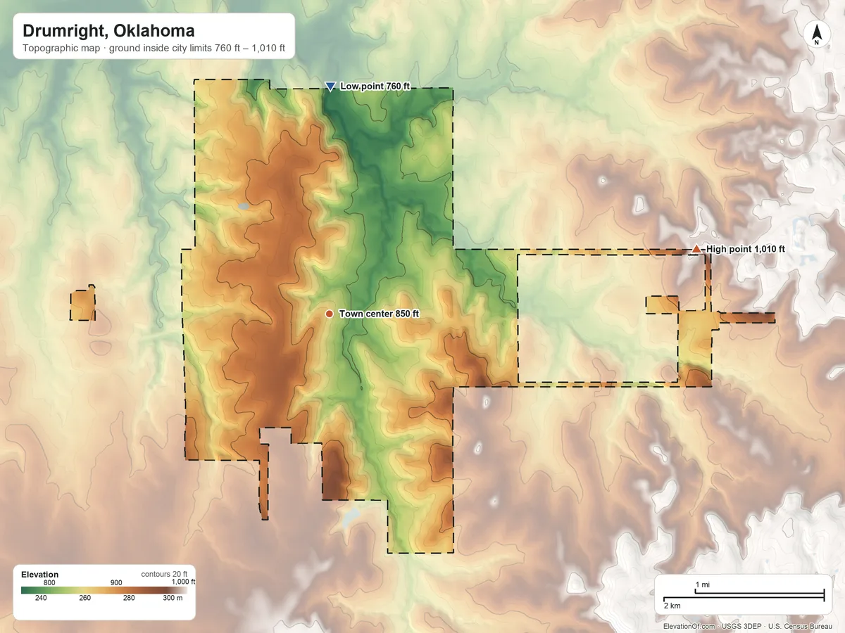 Topographic elevation map of Drumright, Oklahoma, shaded from 760 ft on the north side to 1,010 ft on the east side