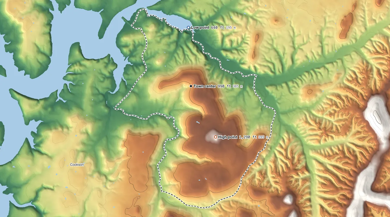 Topographic elevation map of Dry Creek, Oklahoma, shaded from 640 ft on the north side to 1,290 ft on the southeast side