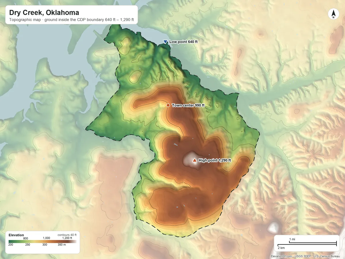 Topographic elevation map of Dry Creek, Oklahoma, shaded from 640 ft on the north side to 1,290 ft on the southeast side
