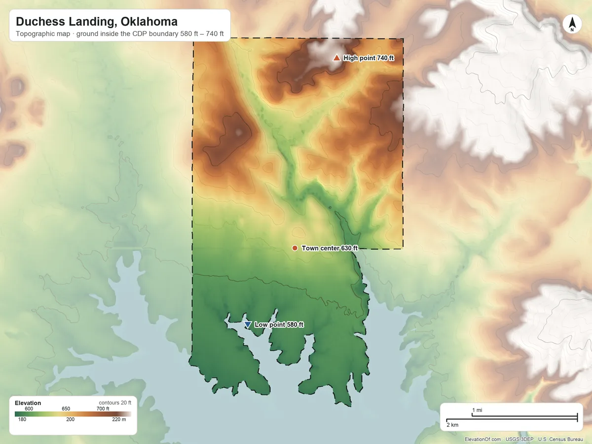 Topographic elevation map of Duchess Landing, Oklahoma, shaded from 580 ft on the southwest side to 740 ft on the north side