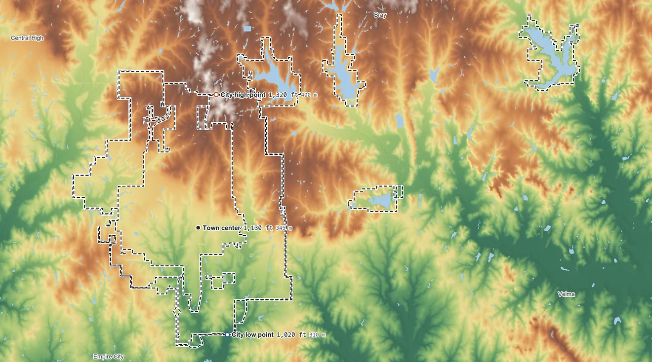Topographic elevation map of Duncan, Oklahoma, shaded from 1,020 ft on the south side to 1,320 ft on the north side