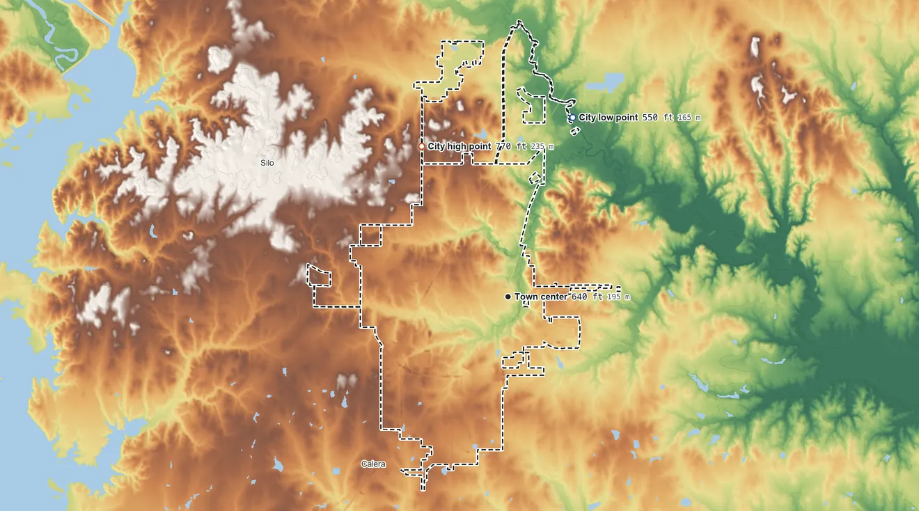 Topographic elevation map of Durant, Oklahoma, shaded from 550 ft on the north side to 770 ft on the northwest side