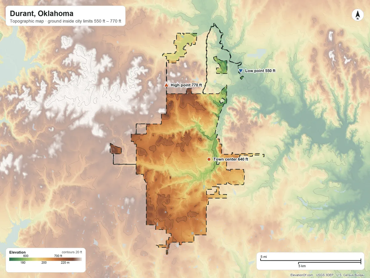 Topographic elevation map of Durant, Oklahoma, shaded from 550 ft on the north side to 770 ft on the northwest side