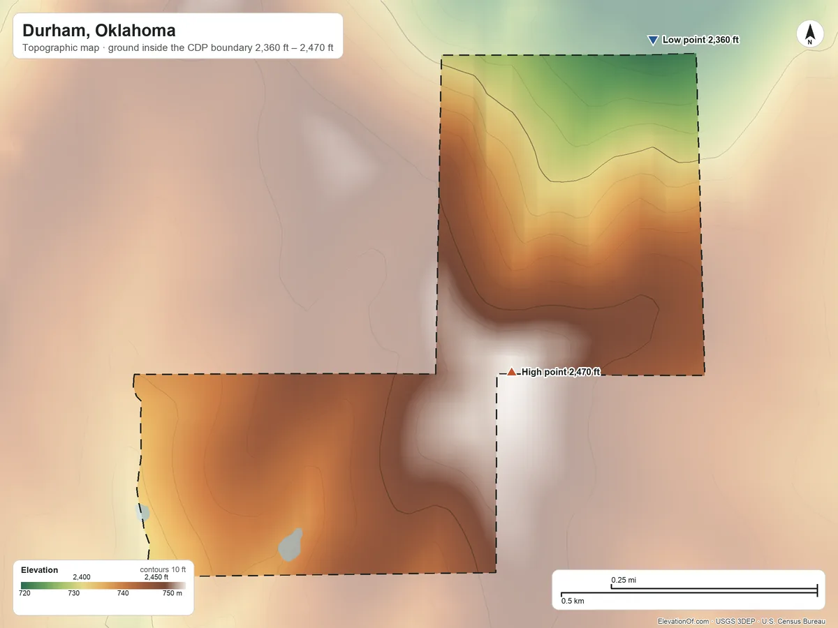 Topographic elevation map of Durham, Oklahoma, shaded from 2,360 ft on the northeast side to 2,470 ft near the middle