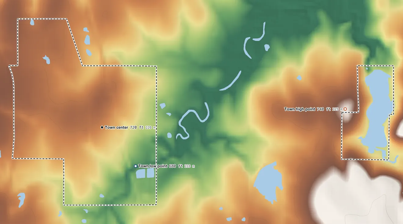 Topographic elevation map of Dustin, Oklahoma, shaded from 680 ft on the southeast side to 740 ft on the east side